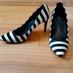 Black and white striped satin heels